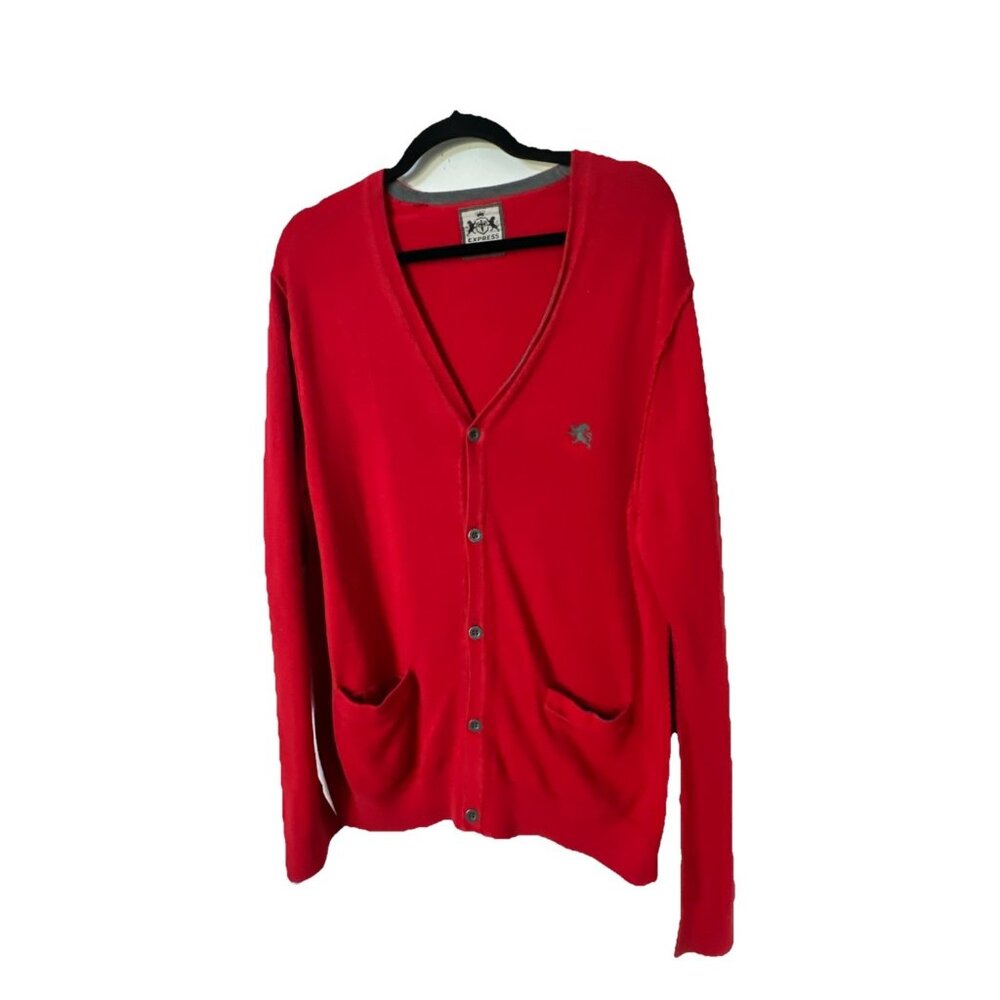 Mens Express Button Down Cardigan Red Knit‎ Sweater Size L Pockets